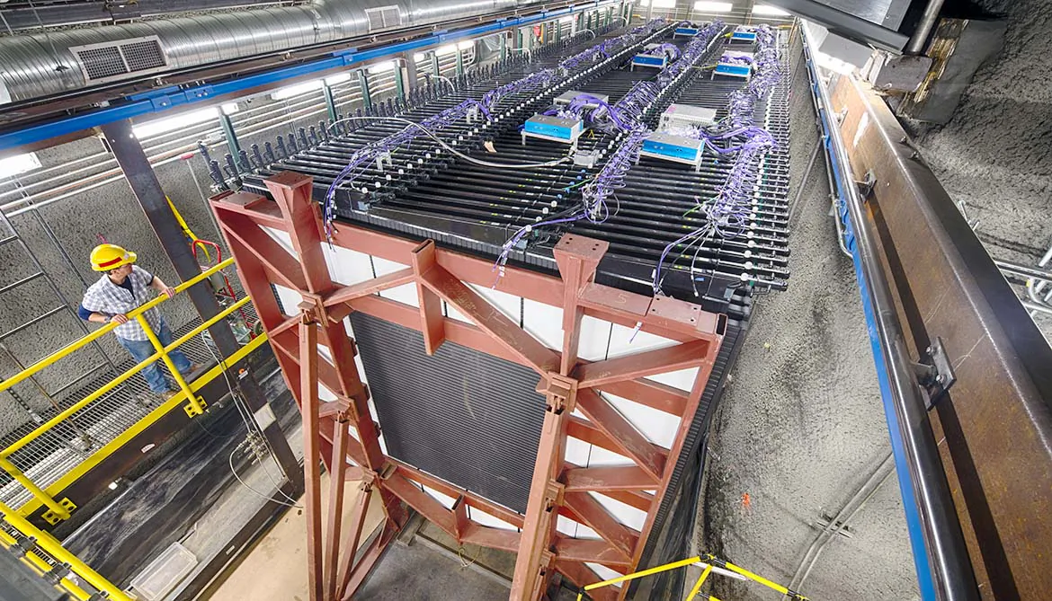 The 300-ton NOvA neutrino detector sits 350 feet underground at Fermilab and measures the properties of the neutrino beam as it starts its 500-mile journey to the far detector in Minnesota. (Reidar Hahn/Fermilab)