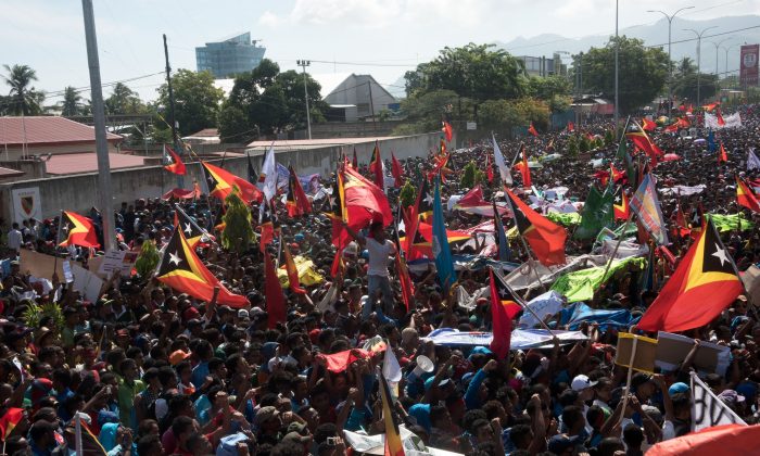 East Timorese protesters hold a rally over a maritime boundary between East Timor and Australia, in Dili, on March 22, 2016. (Valentino Dariel Sousa/AFP/Getty Images)