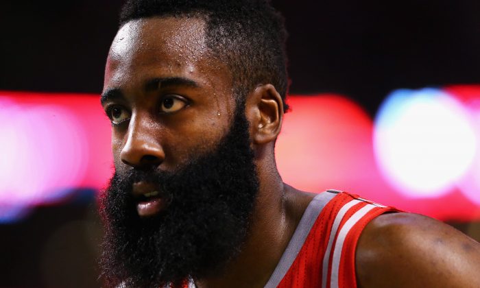 James Harden scored 28 points for the Houston Rockets in the team's 115–106 Game 2 loss to Golden State. (Maddie Meyer/Getty Images) 