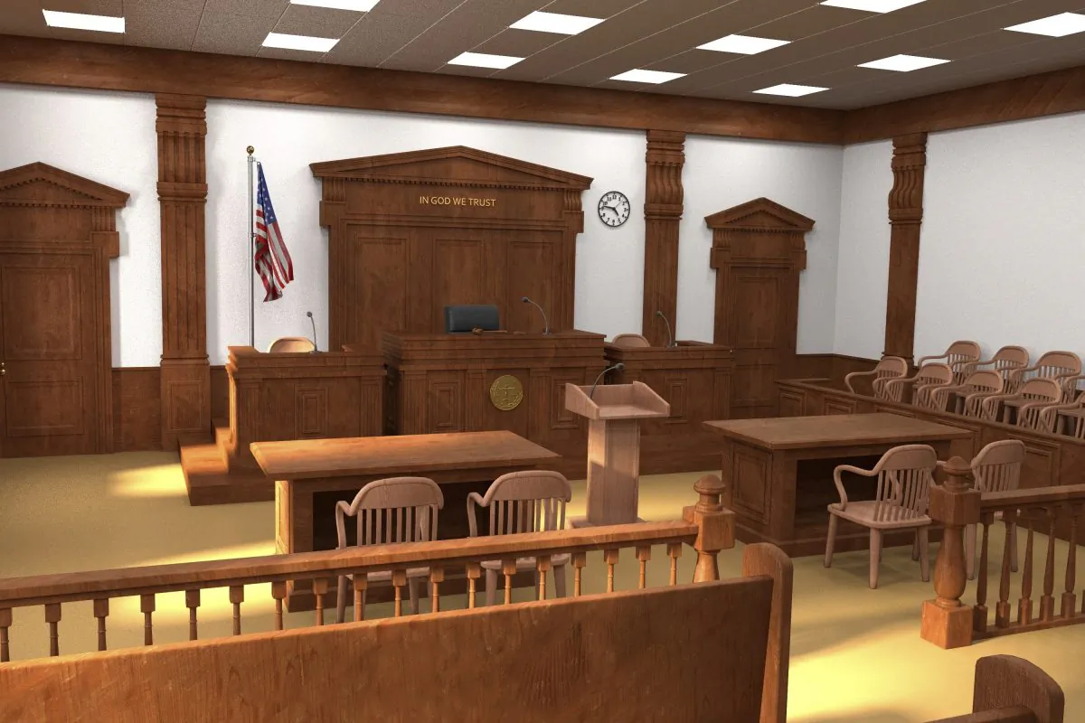 3D render of a courtroom. (3drenderings/iStock)