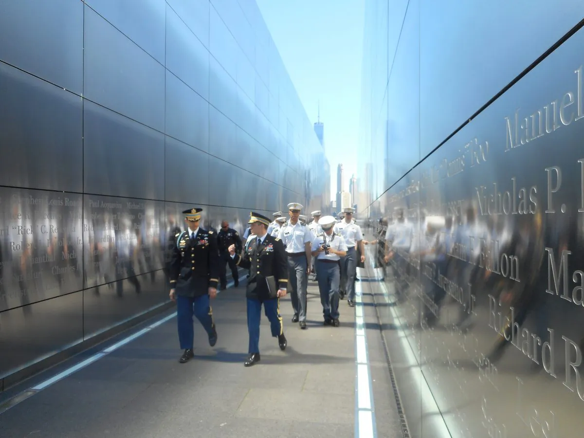 U.S. Army Major Ryan Boeka (L) and U.S. Army Major Aaron Miller (R) lead West Point Cadets through Empty Sky, the New Jersey 9/11 Memorial, in Liberty State Park, Jersey City, on April 14, 2016. (Vincent J. Bove)
