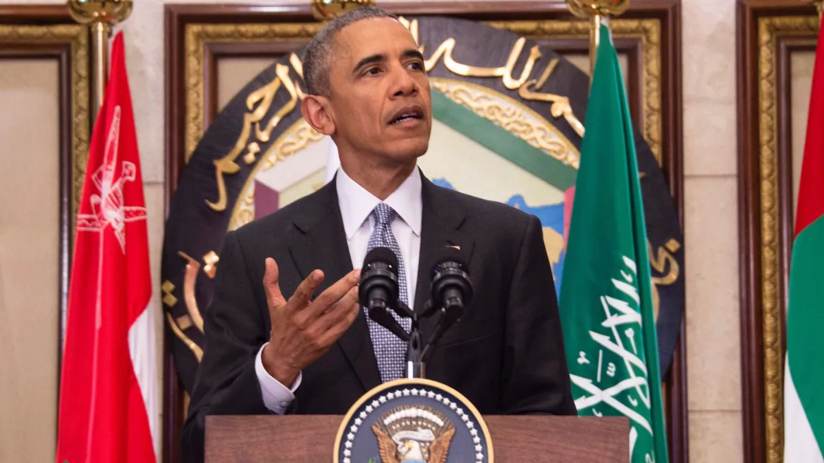 President Barack Obama delivers a speech following a U.S.-Gulf Cooperation Council Summit in Riyadh on April 21, 2016. (Jim Watson/ AFP Getty Images)
/ AFP / Jim Watson (Photo credit should read JIM WATSON/AFP/Getty Images)
