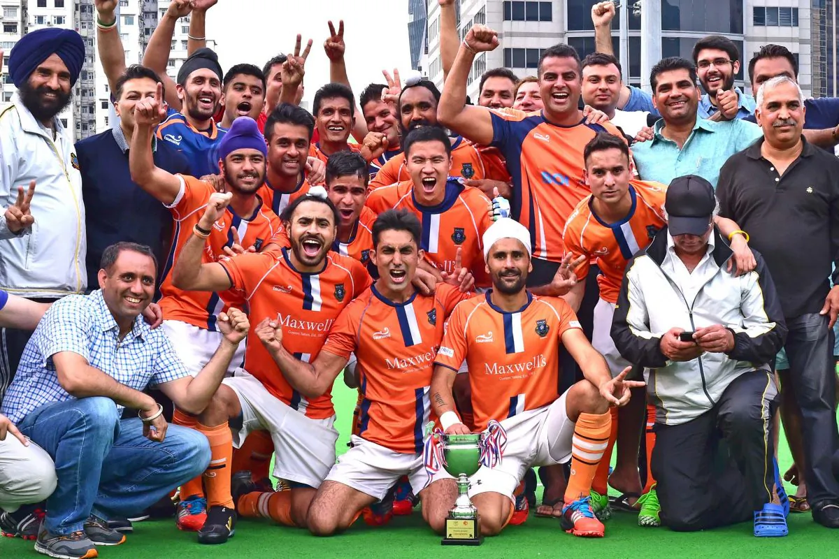Khalsa-A celebrate winning the Hong Kong Hockey Association Premier Division league at Hong Kong Football Club on Mar 20, 2016. (Bill Cox/Epoch Times)