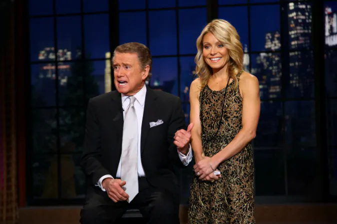Regis Philbin and Kelly Ripa on set during Regis Philbin's Final Show of 'Live! with Regis & Kelly' at the Live with Regis & Kelly Studio on November 18, 2011 in New York New York. (Photo by Neilson Barnard/Getty Images)