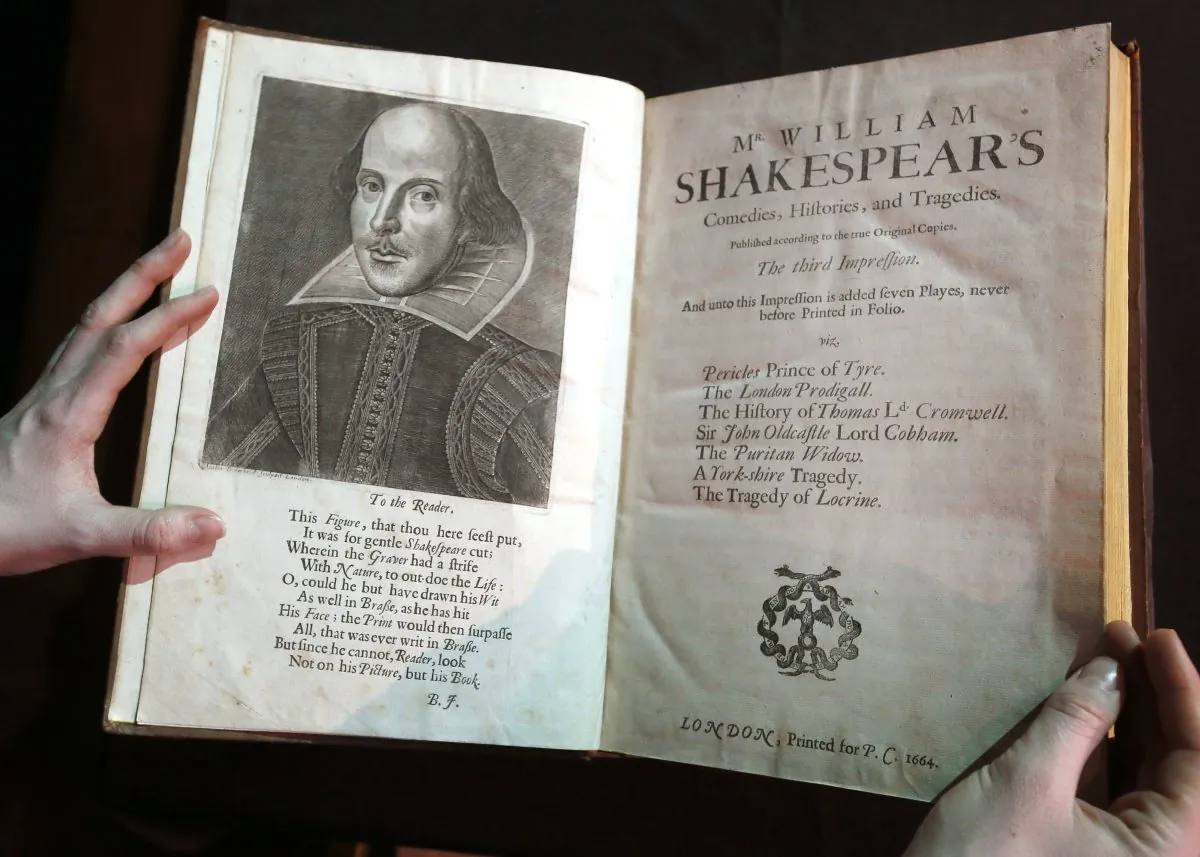 A portrait of William Shakespeare is seen in the Third Folio in London on March 16, 2016. William Shakespeare died 400 years ago Saturday, April 23. (AP Photo/Kirsty Wigglesworth)