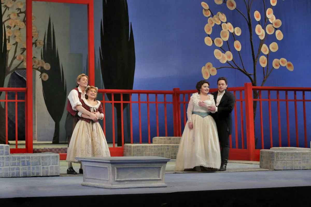 Two happy couples: (L–R) Kathleen Kim as Blondchen, Brenton Ryan as Pedrillo, Albina Shagimuratova as Konstanze and Paul Appleby as Belmonte in Mozart's "Die Entführung aus dem Serail." (Ken Howard/Metropolitan Opera)