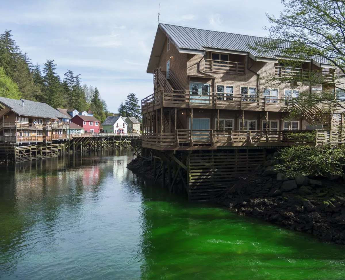 Green dye makes its way through Ketchikan Creek in Ketchikan, Alaska, on April 20, 2016. Authorities say the green water flowing in the Ketchikan Creek that caused some panic and drew a response from multiple agencies was the result of a prank. Officials have determined that the dye dumped into the water on Wednesday is non-toxic. Ketchikan police talked to the man responsible for the dye, but he was not arrested or cited. (Taylor Balkom/Ketchikan Daily News via AP)