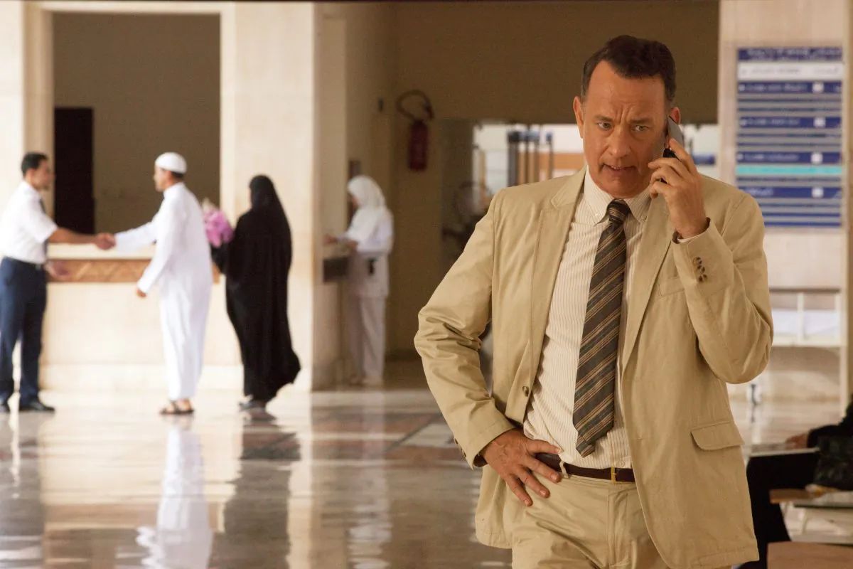 This image released by the Roadside Attractions shows Tom Hanks in a scene from "A Hologram for the King," a film being featured at the Tribeca Film Festival. (Siffedine Elamine/Roadside Attractions via AP)