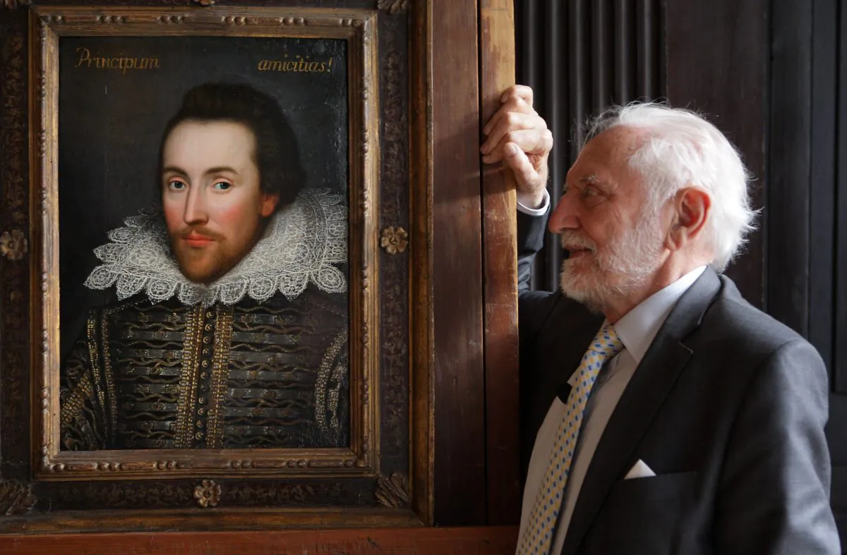 LONDON - MARCH 09: Professor Stanley Wells, the chairman of The Shakespeare Birthplace Trust, unveils a painting of William Shakespeare which he believes to be the only authentic image of Shakespeare made during his life on March 9, 2009 in London, England. (Photo by Oli Scarff/Getty Images)