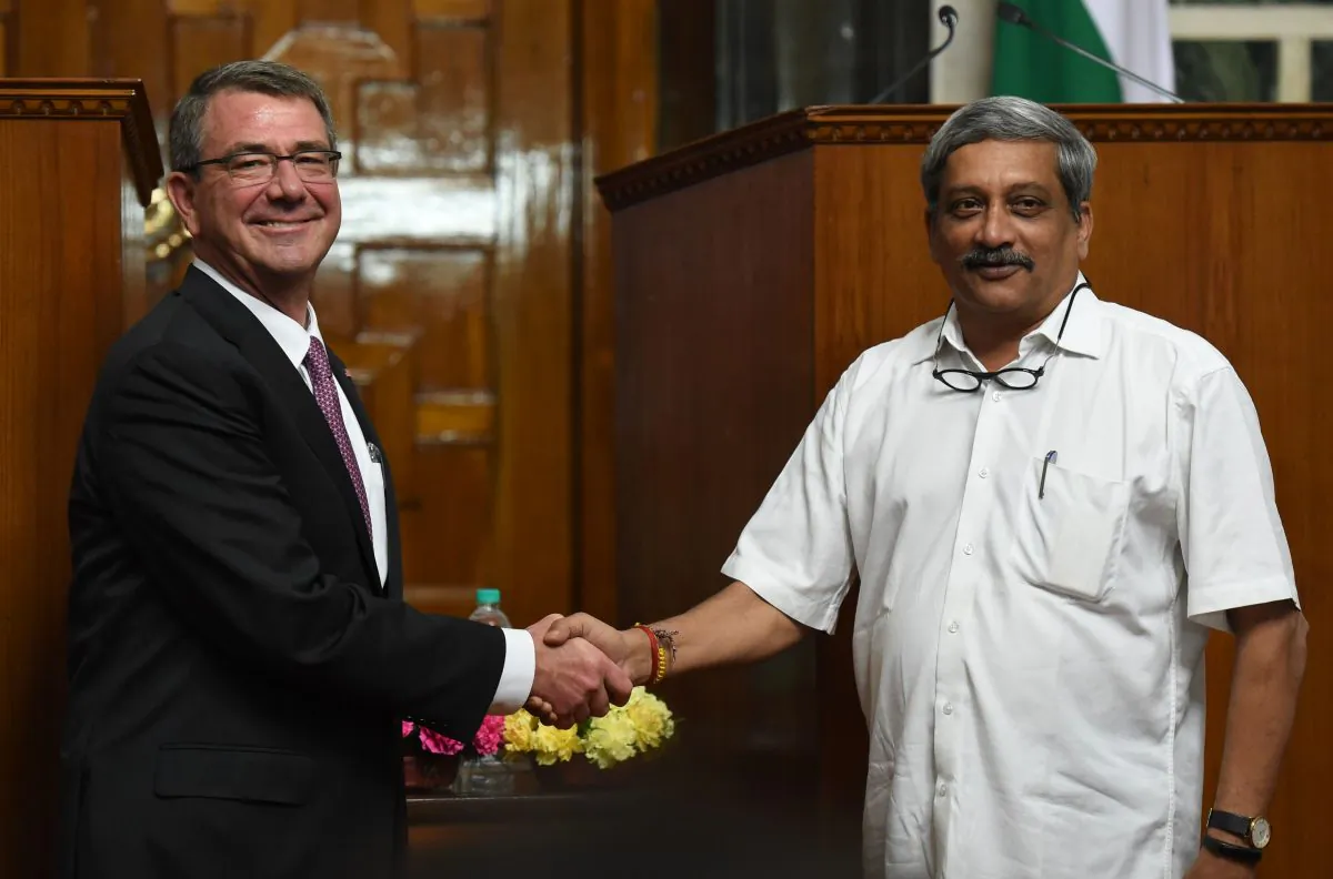 U.S. Defence Secretary Ashton Carter (L) and Indian Defence Minister Manohar Parrikar after a press conference in New Delhi on April 12, 2016. (Prakash Singh/AFP/Getty Images)