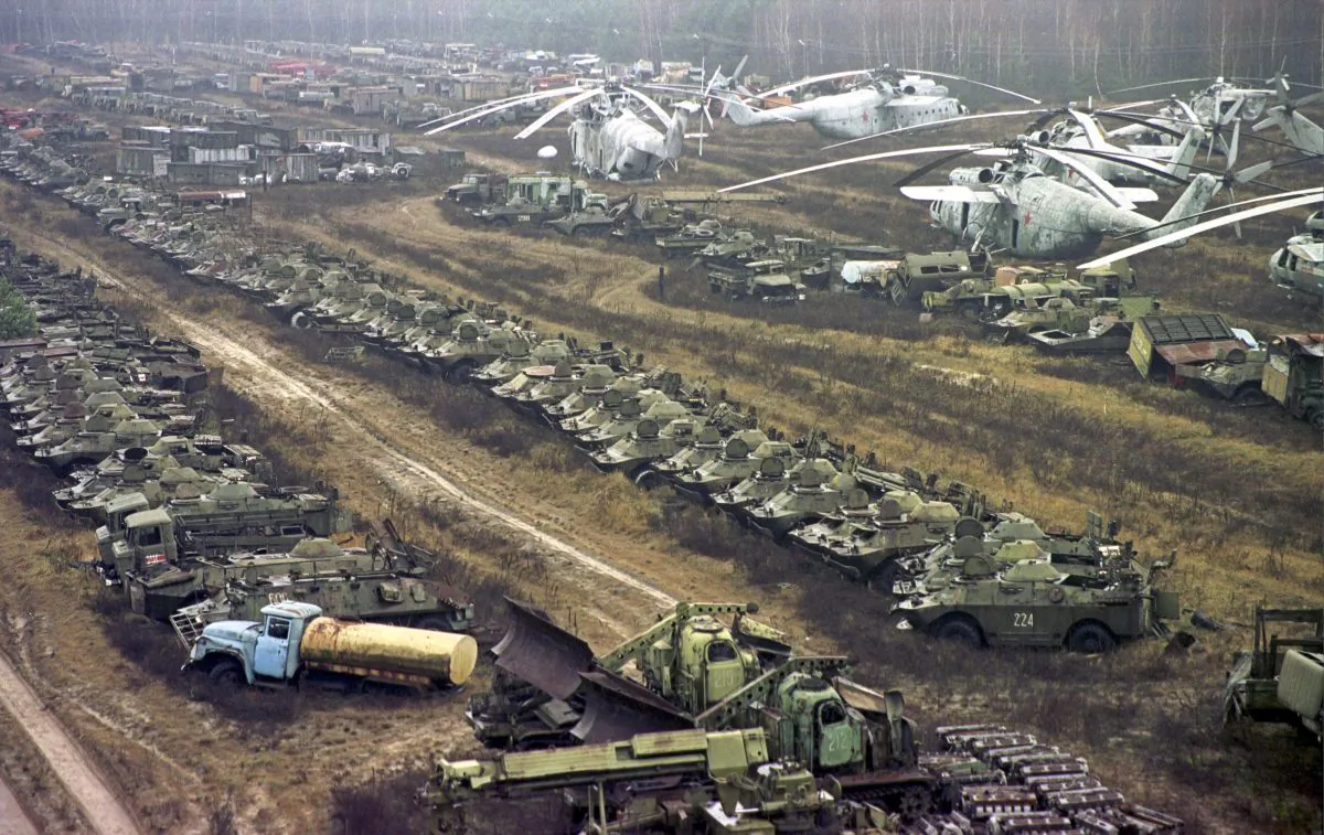 Radioactive contaminated vehicles lay dormant near the Chernobyl nuclear power plant on Nov. 10, 2000. (Efrem Lukatsky/AP Photo)