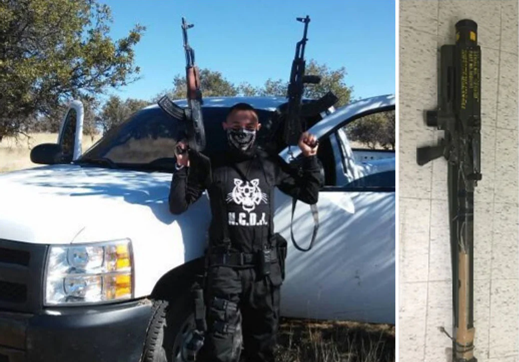 A member of a Mexican drug cartel poses with two kalashnikov rifles, and a photo of a captured Redeye MANPADS system are shown side-by-side. The images were recently released by the Mexican attorney general. (For Public Distribution/via Small Wars Journal)