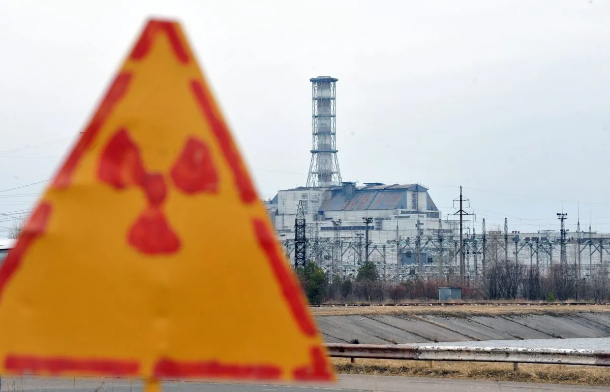 A radioactivity sign outside the fourth nuclear reactor at the former Chernobyl Nuclear power plant, site of the world's worst nuclear disaster, is pictured on April 4, 2011. (SERGEI SUPINSKY/AFP/Getty Images)