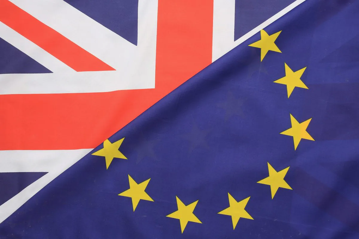 A photo illustration of the European Union and the United Kingdom flags together in Knutsford, U.K., on on March 17, 2016. (Christopher Furlong/Getty Images)