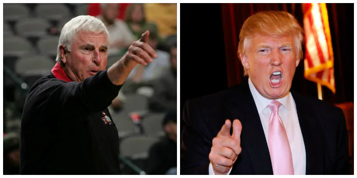 Right photo: Chairman and President of the Trump Organization Donald Trump. (David Becker/Getty Images)  Left photo: Former Indiana, Army, and Texas Tech head coach Bobby Knight retired with 899 wins. (Ronald Martinez/Getty Images) 