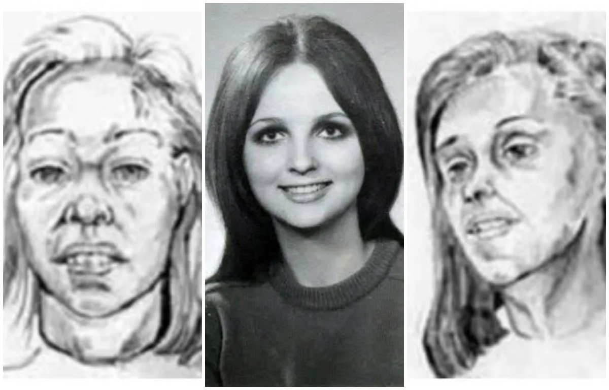 Two police sketches flank a photo of Reet Jurvetson. (Courtesy of Anne Jervetson)