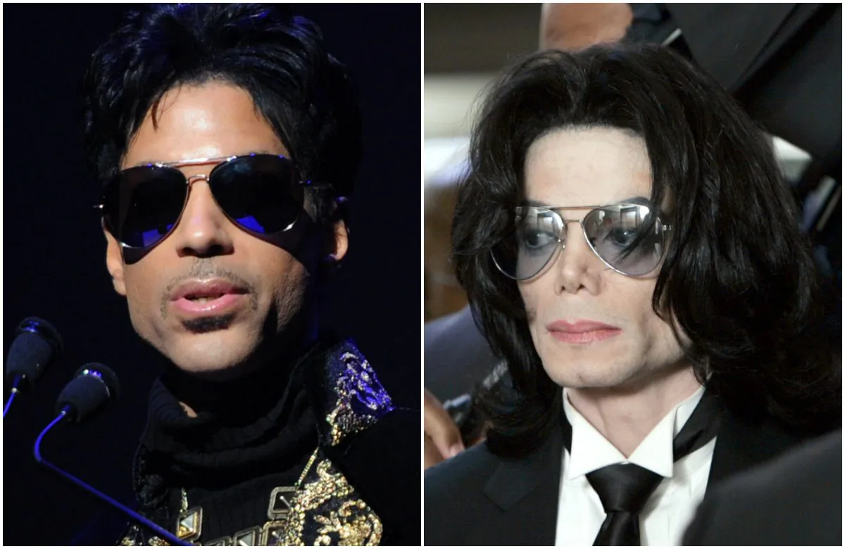 Prince makes an announcement at The Apollo Theater on October 14, 2010 in New York City. (Photo by Stephen Lovekin/Getty Images); Michael Jackson prepares to enter the Santa Barbara County Superior Court on June 13, 2005 in Santa Maria, California. (Photo by Kevork Djansezian-Pool/Getty Images)