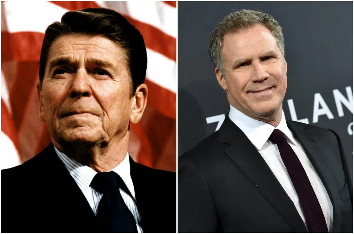 (L) Former US President Ronald Reagan         (R). Actor Will Ferrell (Photo by Dimitrios Kambouris/Getty Images)