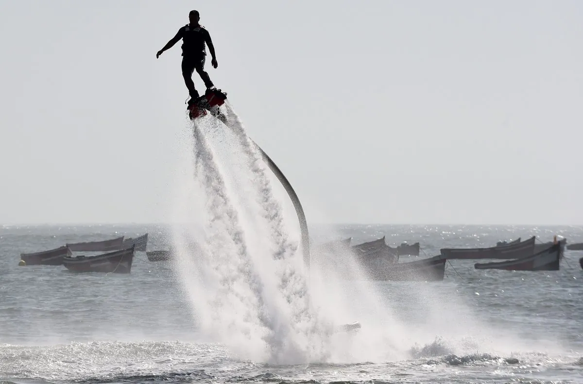 A man performs on a water-propelled flyboard on Sidi Bouzid Beach on August 16, 2014 in the Moroccan port city of El Jadida. (Fadel Senna/AFP/Getty Images) 