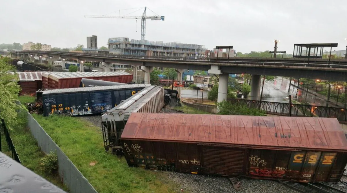 Several cars remain overturned after a CSX freight train derailed in Washington, D.C., on May 1, 2016. (DC Fire and EMS via AP)