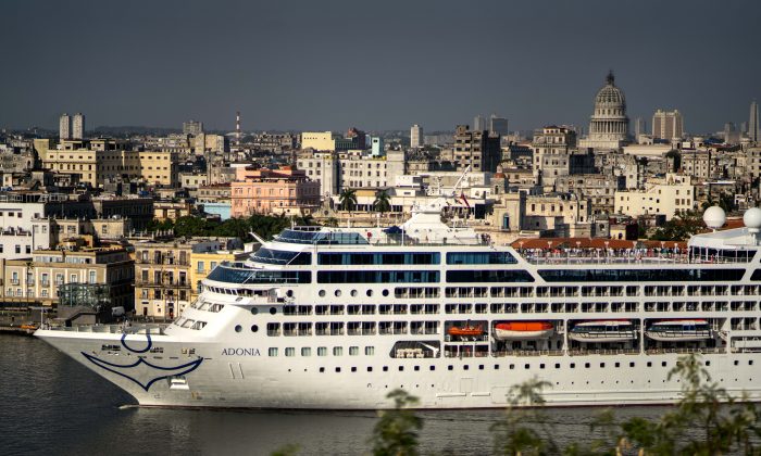 Carnival's Adonia cruise ship arrives from Miami in Havana, Cuba, Monday, May 2, 2016. The Adonia's arrival is the first step toward a future in which thousands of ships a year could cross the Florida Straits, long closed to most U.S.-Cuba traffic due to tensions that once brought the world to the brink of nuclear war. (AP Photo/Ramon Espinosa)