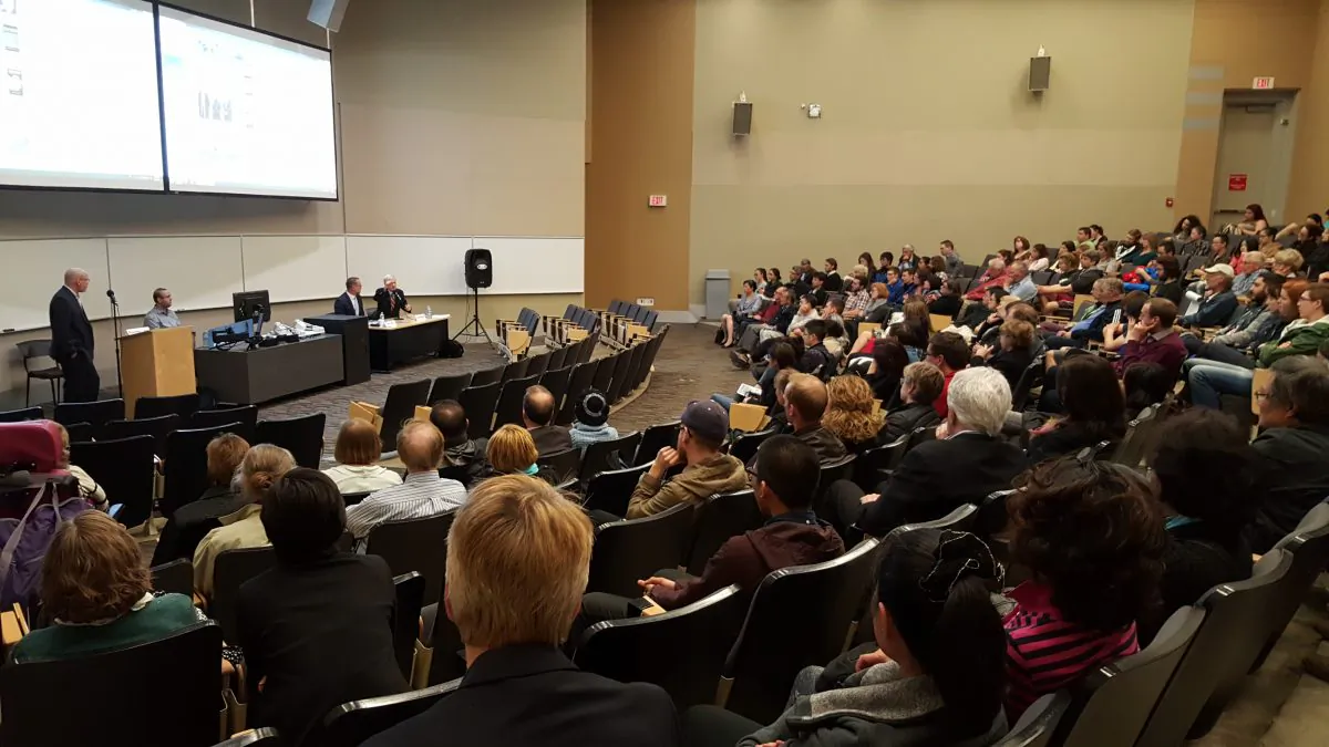 Speakers and audience members engage in a panel discussion following the screening of “Human Harvest” at the University of Alberta on April 28, 2016. (Shar Chen/Epoch Times)