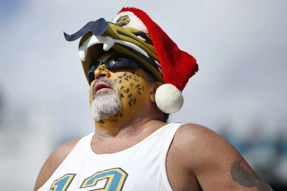 A fan of the Jacksonville Jaguars reacts in the first half of the game against the Atlanta Falcons at EverBank Field on December 20, 2015 in Jacksonville, Florida. (Joe Robbins/Getty Images)