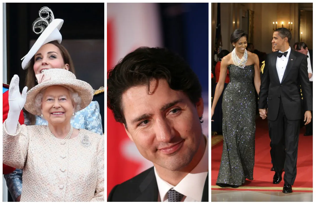 Left to Right: Kate Middleton, Duchess of Cambridge and Queen Elizabeth II on the balcony of Buckingham Palace on June 13, 2015 in London, England - Canadian Prime Minister Justin Trudeau on March 11, 2016 in Washington, DC. -
U.S. President Barack Obama and first Lady Michelle Obama at the White House on February 22, 2009 in Washington, DC. (Chris Jackson/Getty Images; Win McNamee/Getty Images; Mike Theiler-Pool/Getty Images)