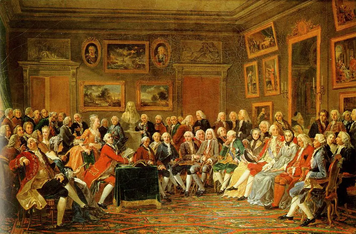 In the Salon of Madame Geoffrin in 1755. (Anicet-Charles-Gabriel Lemonnier, 1812; Public Domain)