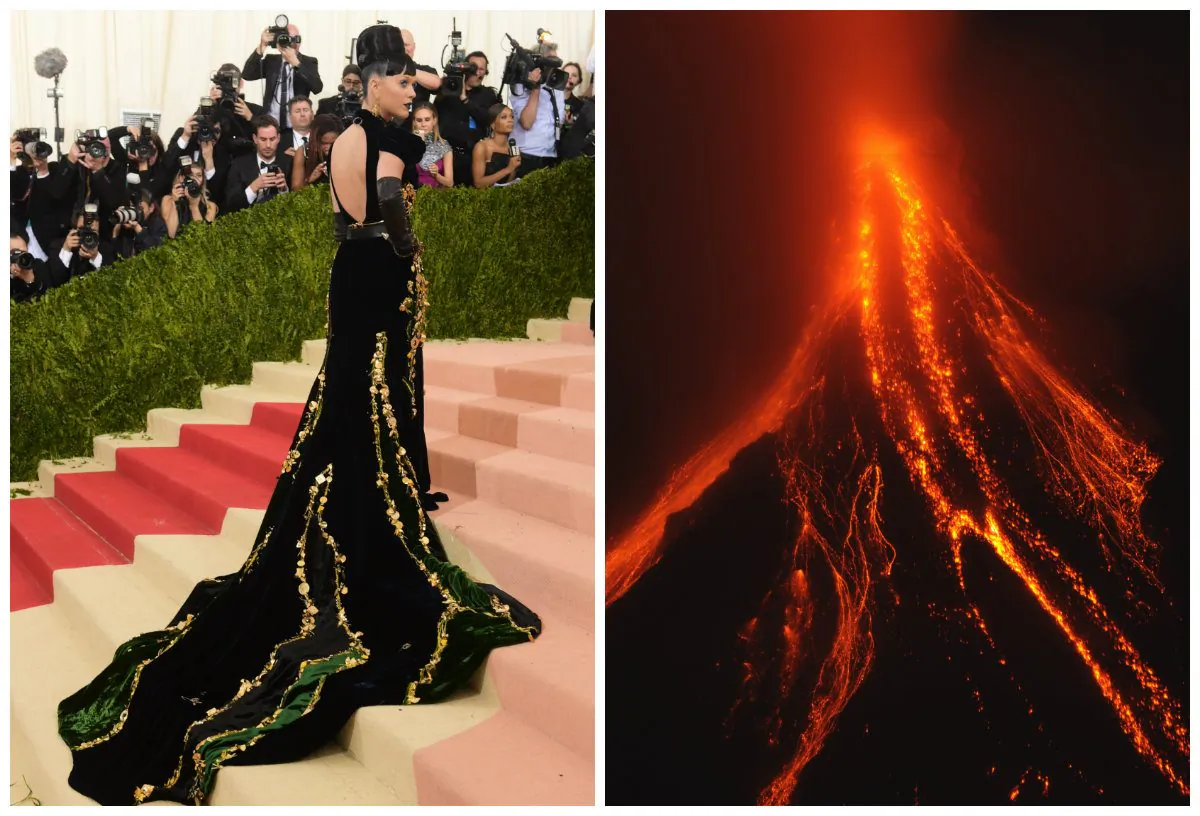 Left: Katy Perry arrives at The Metropolitan Museum of Art Costume Institute Benefit Gala on May 2, 2016, in New York. (Charles Sykes/Invision/AP); Right: Lava cascades on the slopes of Mayon volcano in Manila on Dec. 24, 2009. (Ted Alijibe/AFP/Getty Images)