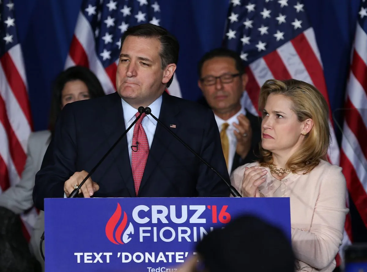 Republican presidential candidate Sen. Ted Cruz (R-Texas) announces the suspension of his campaign as wife Heidi Cruz looks on during an election night watch party at the Crowne Plaza Downtown Union Station in Indianapolis, Ind., on May 3, 2016. Cruz lost the Indiana primary to Republican rival Donald Trump. (Joe Raedle/Getty Images)