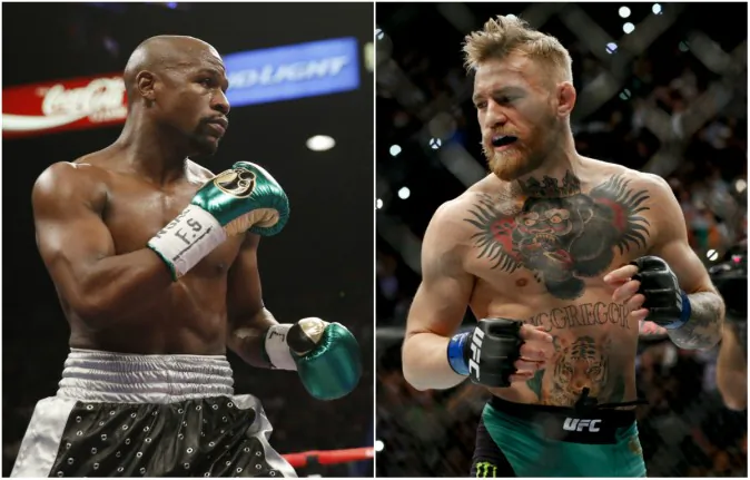 Floyd Mayweather Jr. and Conor McGregor (AP Photos/Steve Marcus and John Locher)
