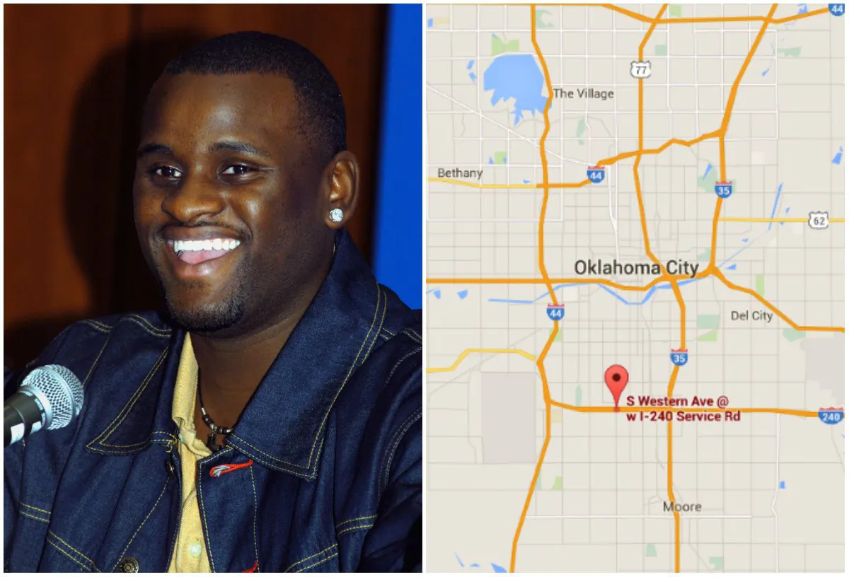 Left: American Idol finalist Rickey Smith on, March 8, 2003 in North Hollywood , California. (Michel Boutefeu/Getty Images); Right: Intersection of S Western Avenue and I-240 in Oklahoma City. (Screenshot of Google Maps)