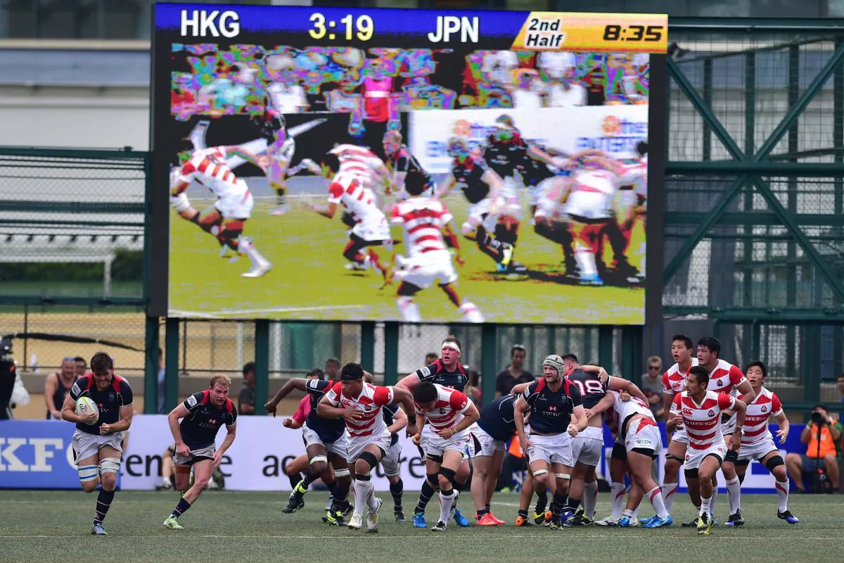 Dan Falvey of Hong Kong makes a break from their own 22 metre area minutes into the second half of their Asia Rugby Championship (top 3) second round match at Hong Kong Football Club on Saturday May 7, 2016. (Bill Cox/Epoch Times)