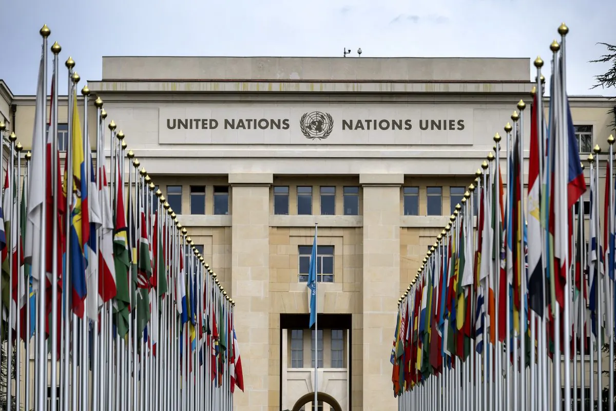 Flags lining the front lawn of the "Palais des Nations," which houses the United Nations Office in Geneva, on Sept. 15, 2015. (Fabrice Coffrini/AFP/Getty Images)