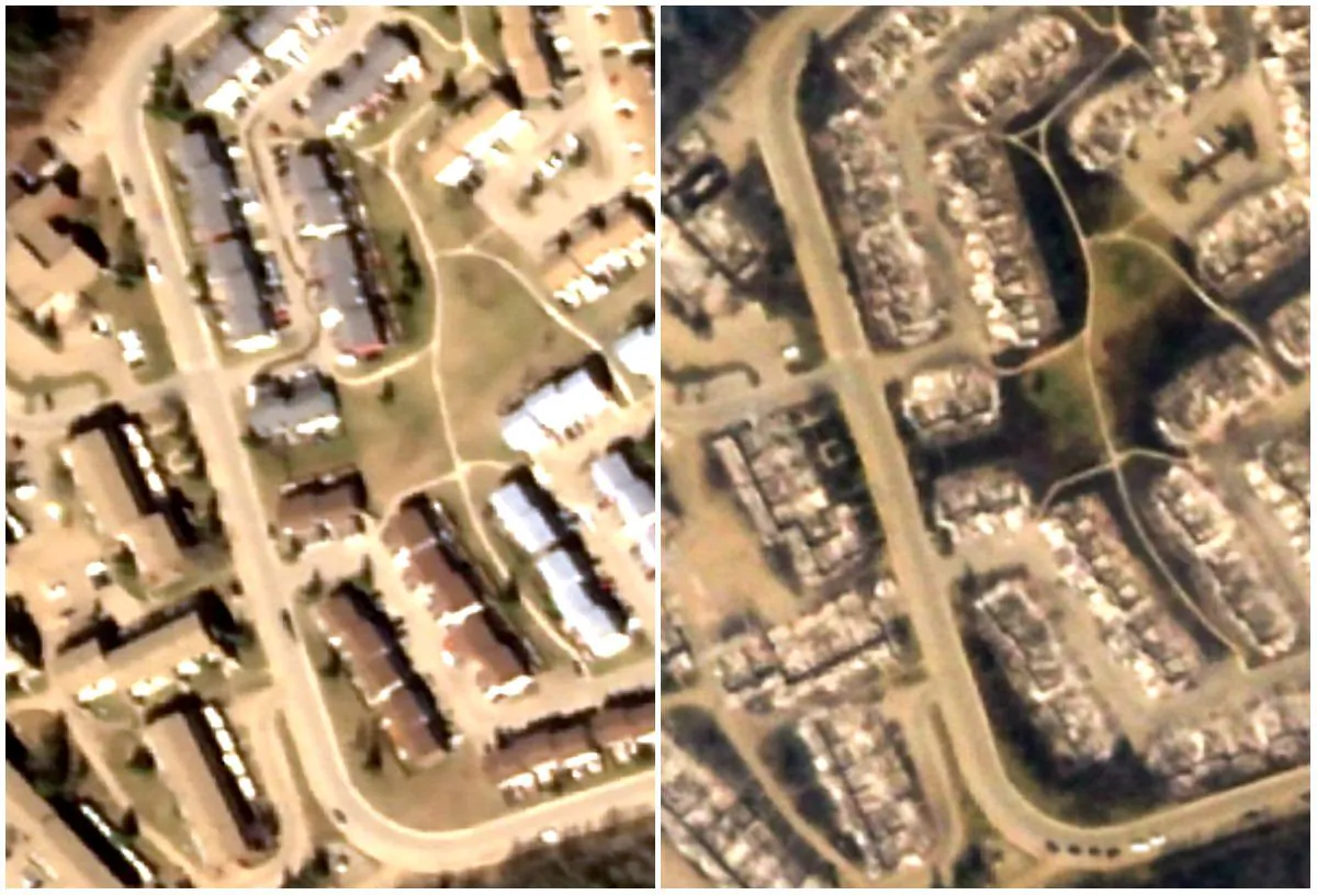Comparison of satellite images taken before (L) and after wildfires hit Fort McMurray in Alberta, Canada, in May 2016. (Screenshots of Google Crisis Map)