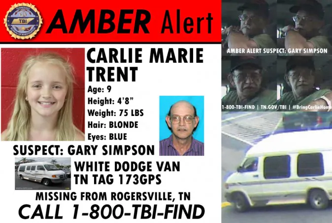 An updated AMBER alert by the Tennessee Bureau of Investigations (TBI) says missing Carlie Trent, 9, is believed to be in " imminent danger of serious bodily harm or death." (Photos courtesy of TBI)