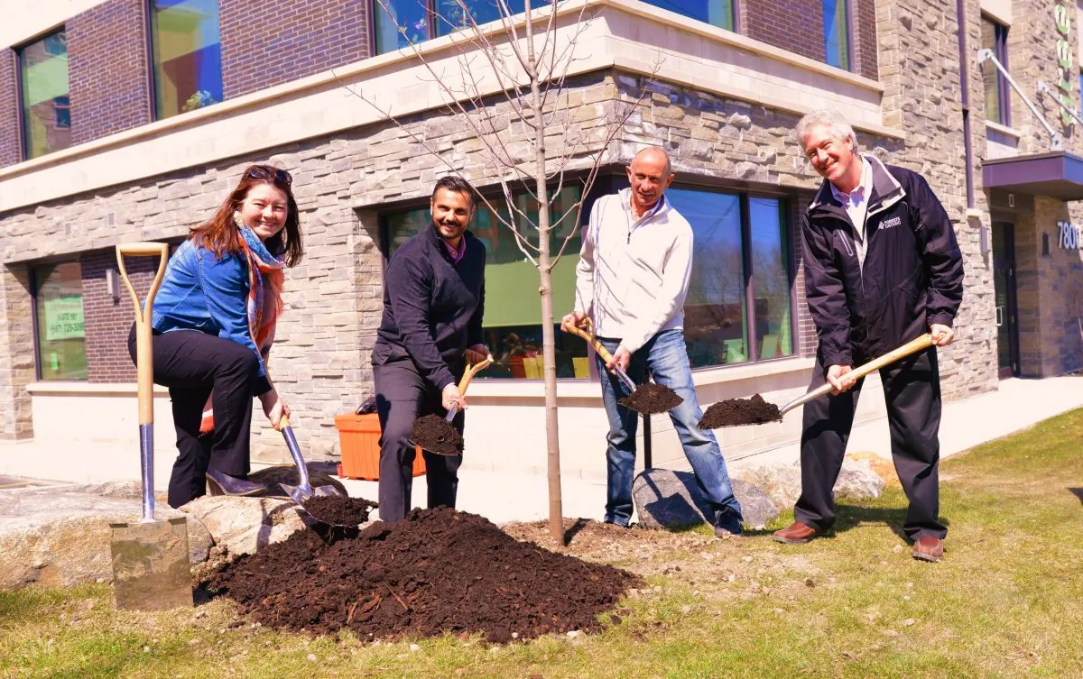 A tree planting ceremony at Del Ridge Homes with Shelley McKay (Forests Ontario), principals George Le Donne and David De Sylva of Del Ridge, and Rob Keen of Forests Ontario (Courtesy of Del Ridge Homes)