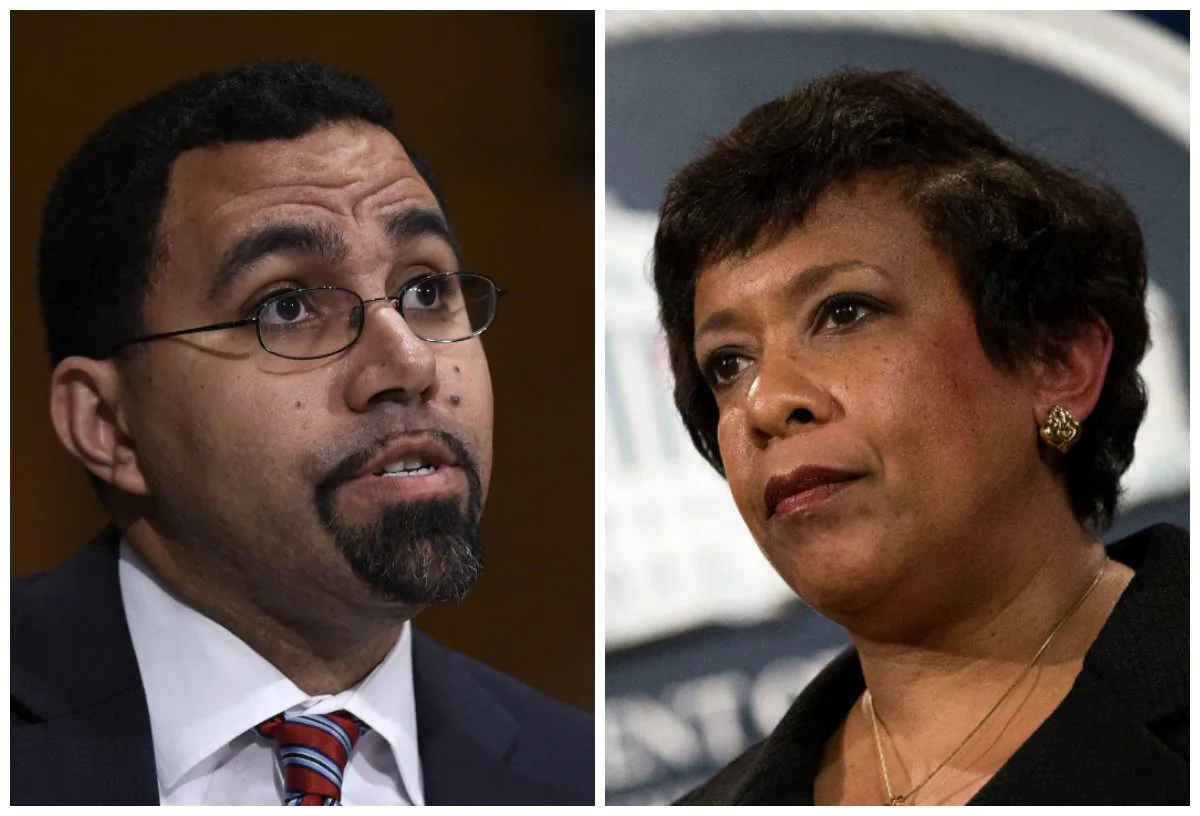 Left: Education Secretary Dr. John King, Jr. on Capitol Hill in Washington on Feb. 25, 2016, (AP Photo/Susan Walsh); Right: Attorney General Loretta Lynch on March 24, 2016, in Washington. (Alex Wong/Getty Images)
