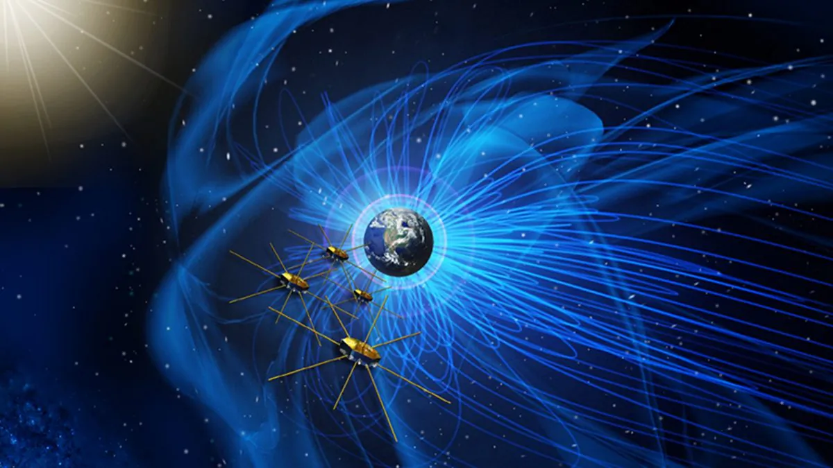 Four identical NASA spacecraft fly near the sun-facing boundary of Earth’s magnetic field (the blue wavy lines). (NASA)