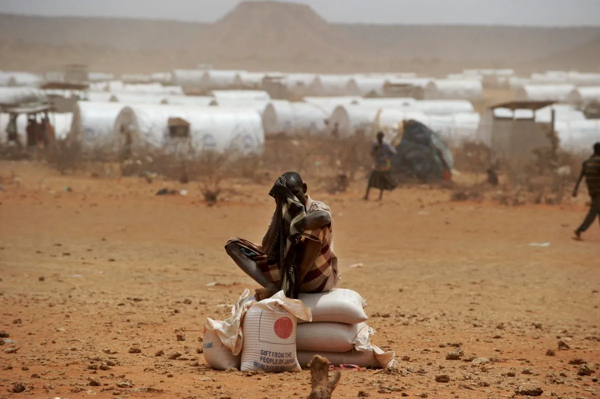 A Somali refugee sits on sacks of food aid he received at a food distribution point in the Kobe refugee camp near the Ethiopia-Somalia border on July 19, 2011. (Roberto Schmidt/AFP/Getty Images)