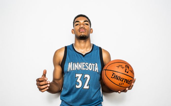 Karl-Anthony Towns #32 of the Minnesota Timberwolves poses for a portrait during the 2015 NBA rookie photo shoot on August 8, 2015 at the Madison Square Garden Training Facility in Tarrytown, New York. (Photo by Nick Laham/Getty Images)