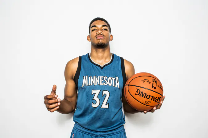 Karl-Anthony Towns #32 of the Minnesota Timberwolves poses for a portrait during the 2015 NBA rookie photo shoot on August 8, 2015 at the Madison Square Garden Training Facility in Tarrytown, New York. (Photo by Nick Laham/Getty Images)