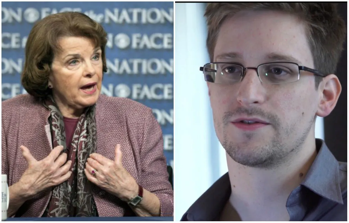 Chair of the Senate Intelligence Committee, Sen. Dianne Feinstein (D-Calif.), and NSA leaker Edward Snowden. (AP Photo/CBS News, Chris Usher and AP Photo/The Guardian, Glenn Greenwald and Laura Poitras)