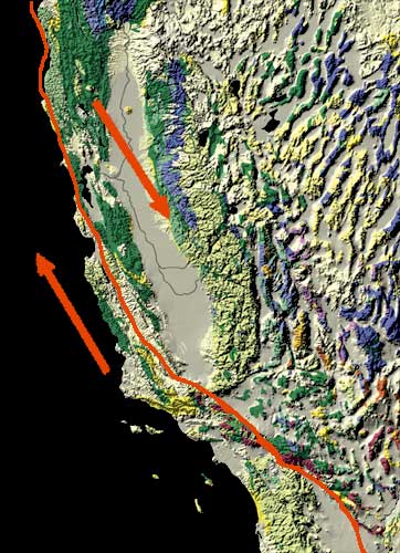 Map of the San Andreas Fault, showing relative motion. (USGS, Public Domain)