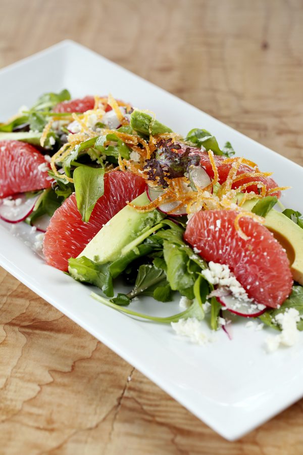 Ruby grapefruit salad with Asian lettuces and candied grapefruit zest at Tinker Street. (Courtesy of Tinker Street)