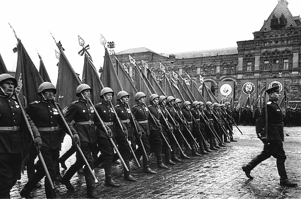 Soviet soldiers are marching on the Red Square in Moscow on  24 June 1945. (Stringer/AFP/Getty Images)
