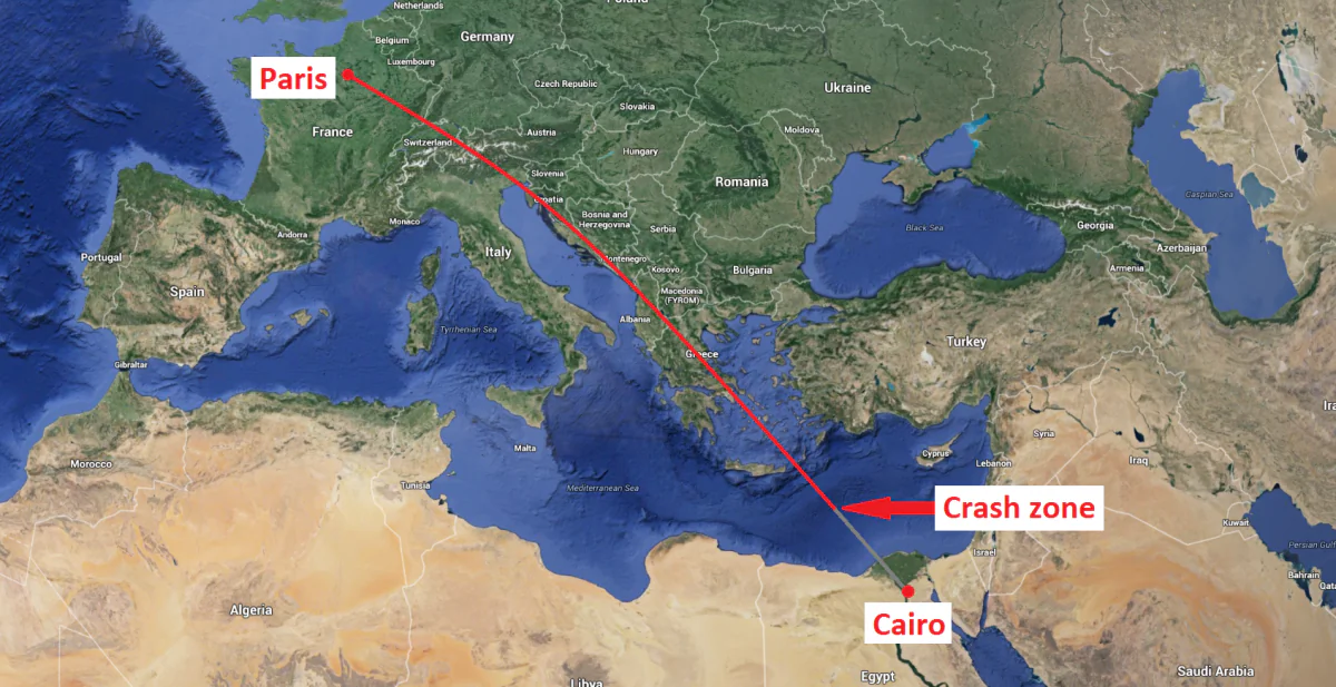Estimated EgyptAir Flight 804 crash site . (Screenshot of Google Maps/Markings by Epoch Times)