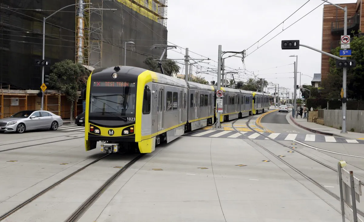 A test train is pictured at the Metro Expo Line in Santa Monica, Calif., on May 18, 2016. (Nick Ut/AP)