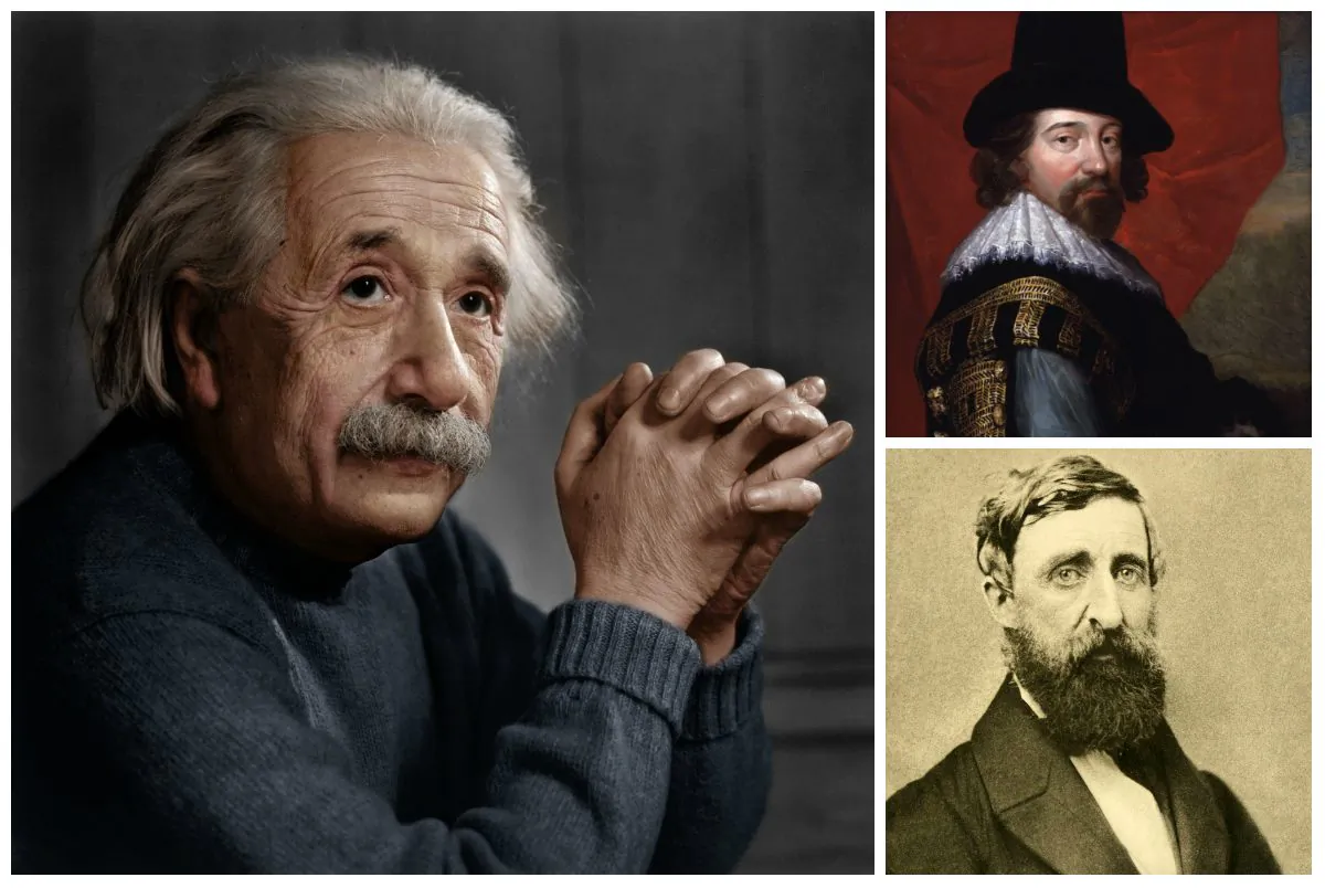 L-R: Albert Einstein (InformiguelCarreño, CC BY-SA 4.0), Francis Bacon by unknown artist and Henry David Thoreau in August 1861 at his second and final photographic sitting (both Public Domain).